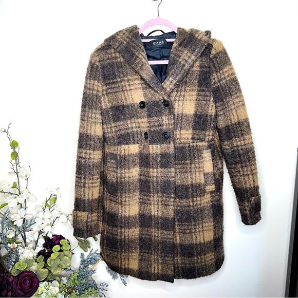 EMME MARELLA Plaid Hooded Coat Mohair Blend Tan Brown Sz 10 $545 - Picture 2 of 7